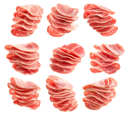 Set of Slices of cured meat Soppressata floating in a spiral arrangement isolated on white transparent background, showcasing freshness and food preparation concept