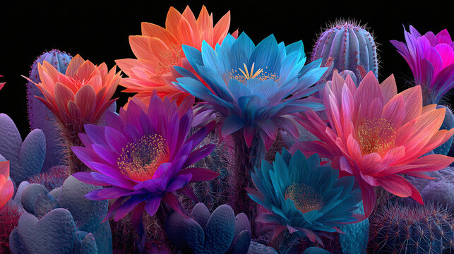 A vibrant display of colorful cactus flowers in full bloom, showcasing a captivating spectrum of hues. 