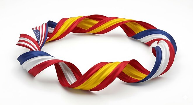 Ribbon flowing in circle shape with flags of usa france and spain representing friendship
