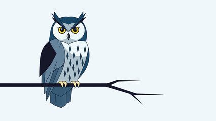 Flat Vector Illustration of a Blue Horned Owl Perched on a Branch