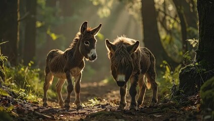Two adorable donkeys standing in a sunlit forest, a beautiful nature scene.