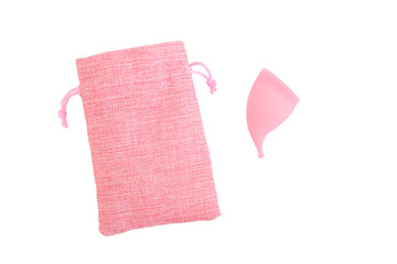 Pink silicone menstrual cup and a pink storage pouch isolated on transparent background