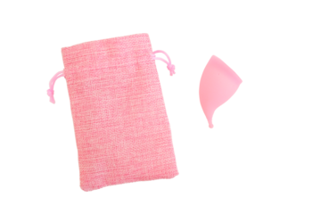 Pink silicone menstrual cup and a pink storage pouch isolated on transparent background