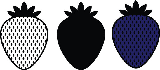 Strawberry silhouette icon set illustration showing black white and blue berry symbols isolated on white background for creative food design © Mst Jotsna