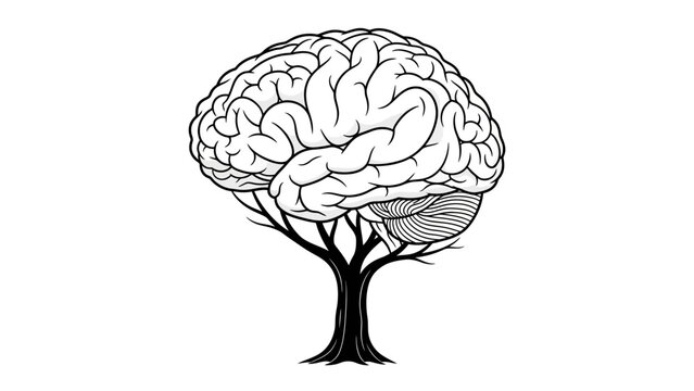 Vector illustration of a tree sketch integrated with a human brain symbol to represent medical intelligence, neurology science, and the power of the mind in a creative psychology concept