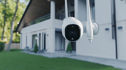 Two white security cameras hang from a modern house