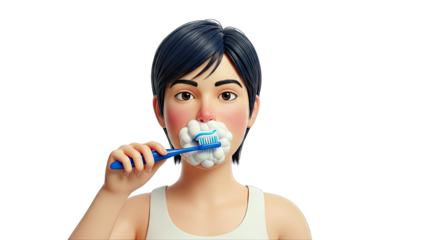 Cartoon Person Brushing Teeth with Frothy Toothpaste