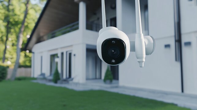 Two white security cameras hang from a modern house