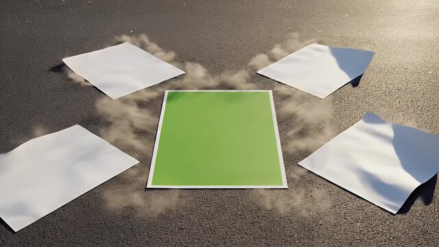 Green square in the center with four white papers around it, surrounded by smoke on a dark background.