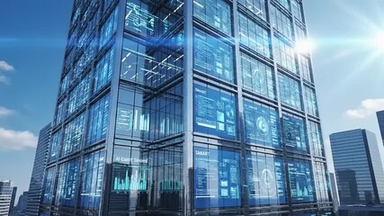 Modern glass building showcasing advanced technology displays and data analytics in a bustling cityscape - Powered by Adobe