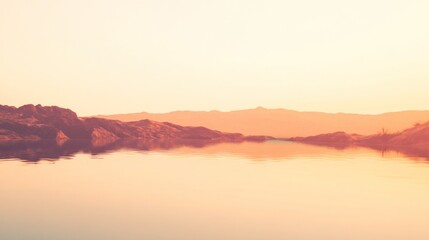 Fototapeta premium Blurred landscape, calm water, sunrise/sunset, hazy mountains