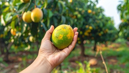 Close-up shot of a human hand gently holding a ripe yellow-green mango, with natural texture and subtle imperfections clearly visible on the fruit&rsquo;s skin. The background features a mango tree orchard 