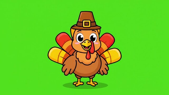 A charming 2D cartoon turkey in a pilgrim hat expresses pure joy with closed eyes and a wide grin on a green backdrop.