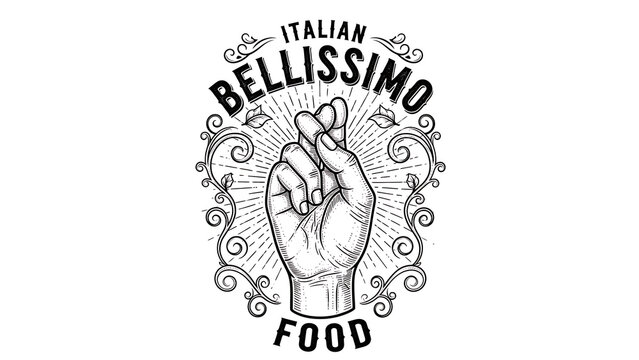 Bellissimo italian tasty food hand gesture sketch engraving vector illustration T-shirt apparel prin