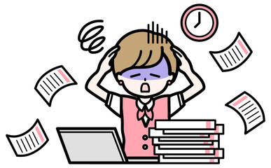 書類に追われて困る事務員のイラスト 女性のシンプルな残業のイメージ素材