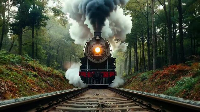 A steam train chugs along the tracks through a dense forest with smoke billowing