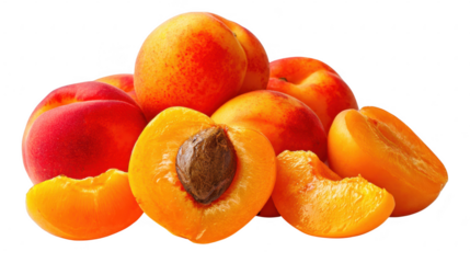 Fresh apricots with one cut open showing the pit isolated on transparent background