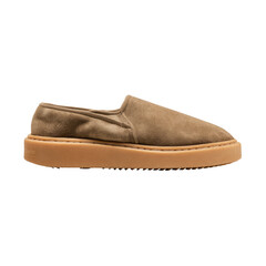Side view of a beige suede loafer with a brown rubber sole on black