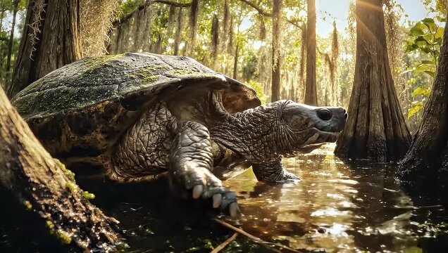 Giant alligator snapping turtle in swamp habitat, sunlit water, nature scene.