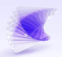 Fototapeta na wymiar 3d glass holographic triangle layer effect with light purple gradient texture. Abstract geometric shape icon of iridescent transparent triangular plate array on pastel blue background. 3D illustration