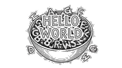 Alphabet pasta soup with hello word line art sketch engraving vector illustration T-shirt apparel pr