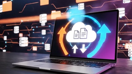 A modern laptop displays a cloud data transfer interface with surrounding folders and database icons showcasing digital connectivity and data management solutions - Powered by Adobe
