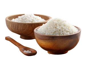 Steaming white rice fills two wooden bowls, next to a small wooden spoon