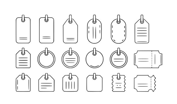 Colorful luggage tag icons set in flat vector style for travel identification and baggage labeling