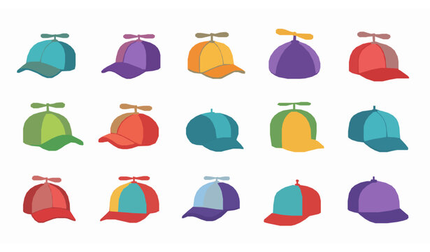Cartoon propeller cap icons set with colorful playful hats in flat vector style