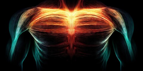 Human body diagram with muscle strain pain highlight fitness healthcare concept active professional mood clinical tone frontal view, Realistic Photo