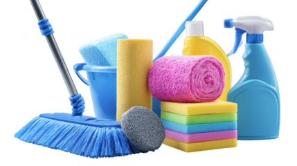 Cleaning supplies and equipment for household chores isolated on transparent background