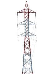 High voltage power lines and steel transmission towers carry electric energy across the industrial supply network against a clear blue sky using advanced metal pylon technology