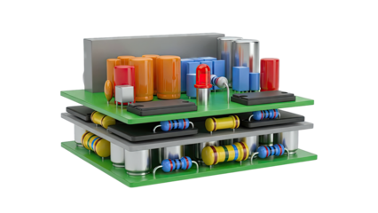 3D Render of Electronic Components on Green Circuit Boards