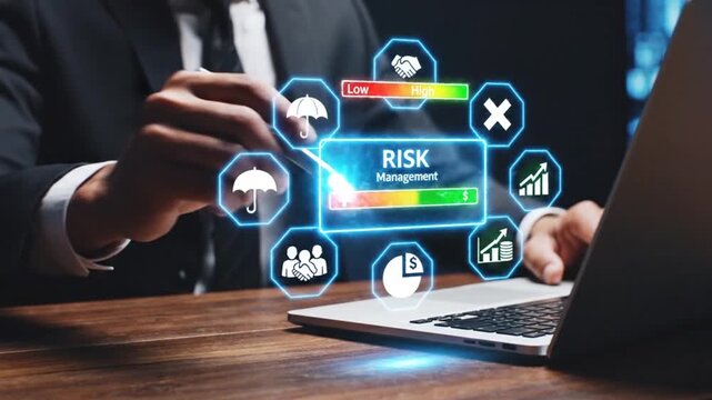 A professional examining risk management data on a laptop surrounded by digital icons representing various aspects of financial security and analysis