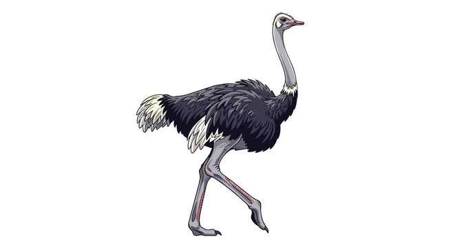 A detailed pixel art illustration of an ostrich, featuring its long neck, dark plumage, and characteristic gait, isolated on white.