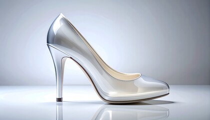 Sleek, silver high heel shoe in studio lighting, on a white reflective surface