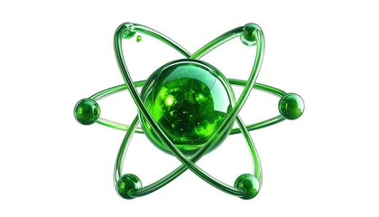 3D render of a green atom model with orbiting spheres