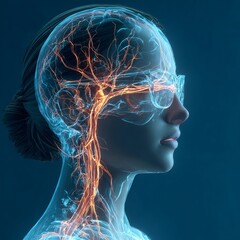 A captivating conceptual image of a woman's head, overlaid with a mesmerizing display of glowing neural pathways, symbolizes the intricate processes of thought and cognition. 