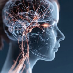 Anatomy visualization: a captivating view of the intricate structure of human head, highlighted by glowing neural pathways that illuminate the complex workings of the mind.