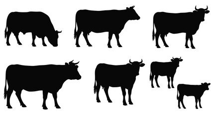 A collection of black cattle silhouettes in various positions silhouette © ANISURRAHMAN