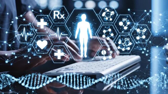 A doctor utilizes advanced technology with glowing human figure and medical icons interacting with a laptop keyboard in a futuristic setting