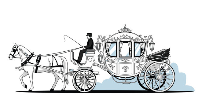 A majestic white horse pulls an elegant, ornate vintage carriage with a formally dressed coachman, evoking historical travel and luxury.