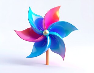 Colorful pinwheel toy, vibrant petals, on simple wooden stick, white backdrop