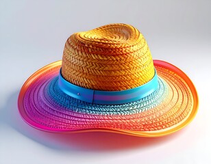 A vibrant, detailed woven hat with a multi-colored brim and blue ribbon