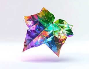 Geometric iridescent leaf floats on white, vibrant colors