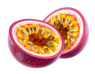 Vivid close-up of a passion fruit cut in half, showcasing seeds