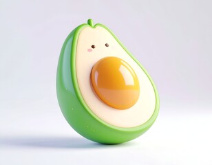 Cartoon avocado cut in half, showcasing a smiling seed, soft lighting