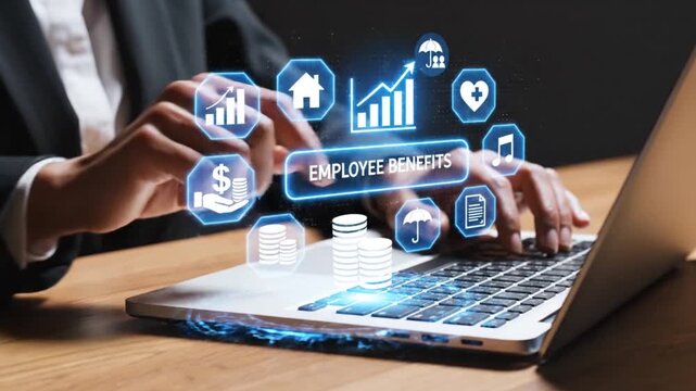 A business professional utilizes a laptop displaying various employee benefit icons like health finance and career growth opportunities in a modern office setting