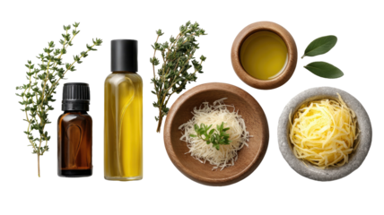 Still life of oil bottles, thyme sprigs, and wood bowls with herbs/shavings