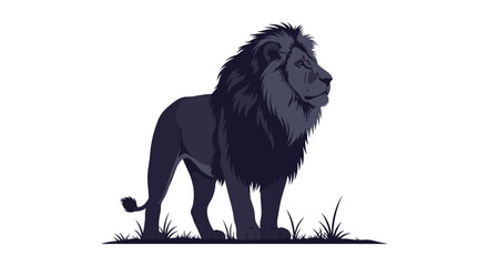 Fototapeta premium A majestic dark-colored lion with a voluminous mane stands proudly in a side profile on a patch of grass against a clean white background.
